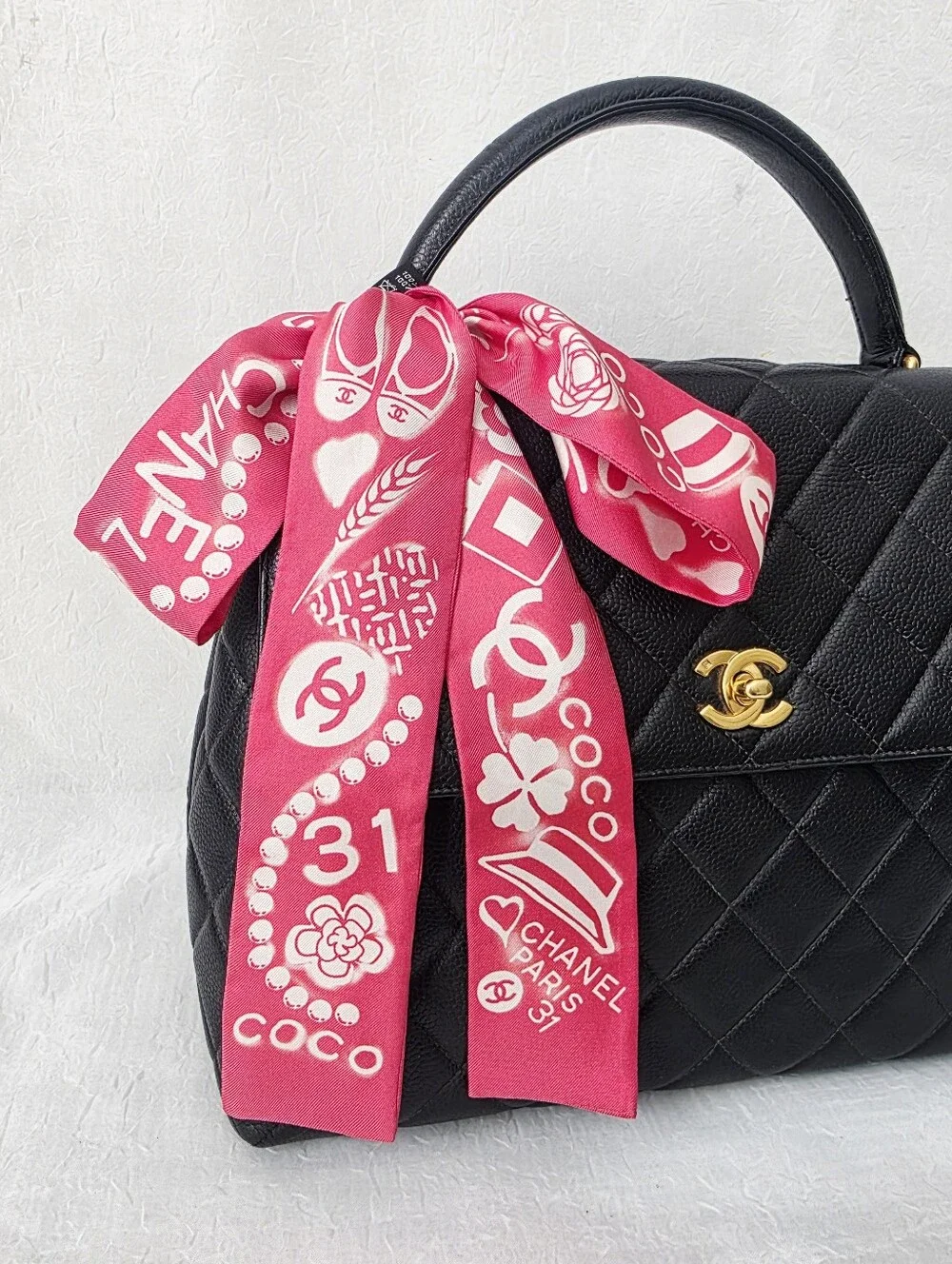 Auth Chanel Cambon Coco Silk Twilly Scarf